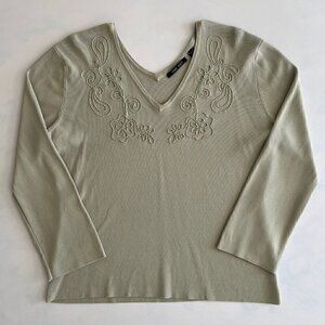 Venni Nights Light Green Embroidered Long Sleeve V-Neck Blouse